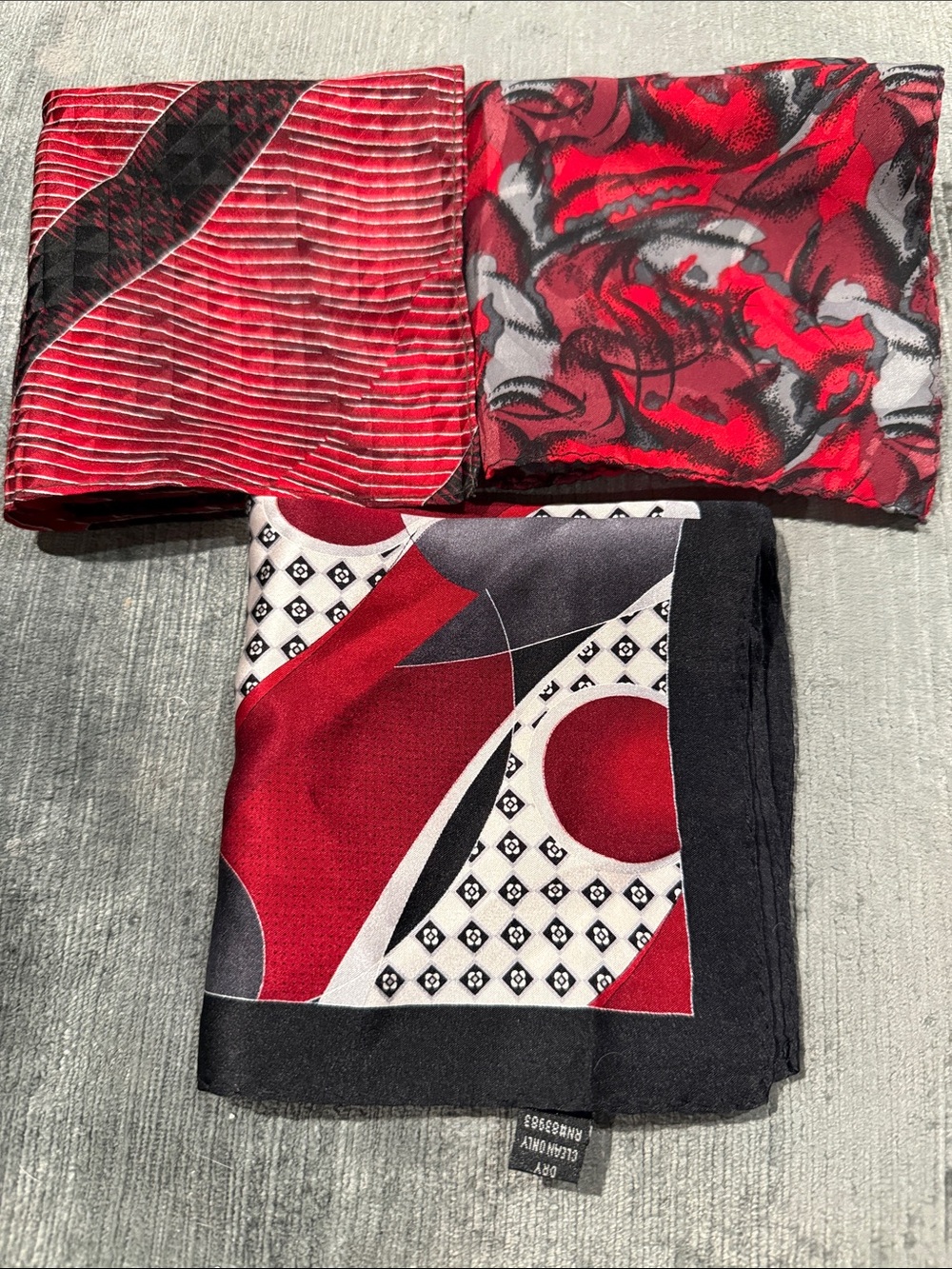 Vintage 100% Silk Pocket Squares, Set of 3, Red & Black | Handkerchief or Scarf